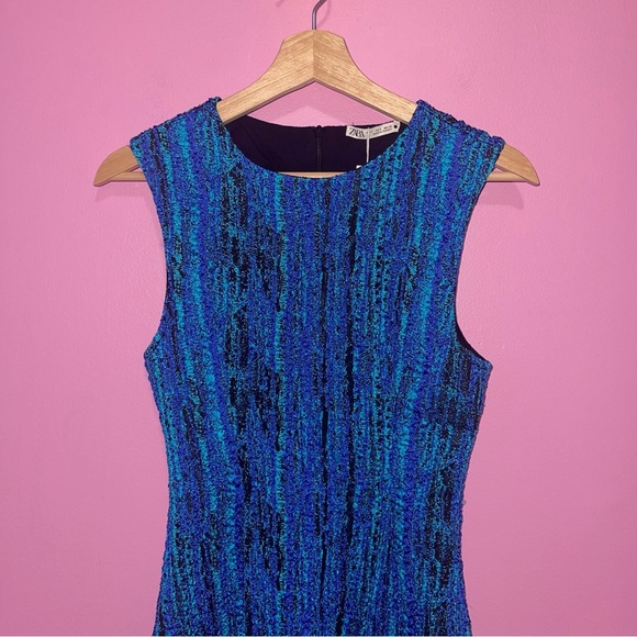 Zara Dress Women's Size Small Black Light Blue Textured Mini Bodycon Stretch NWT - Picture 5 of 13